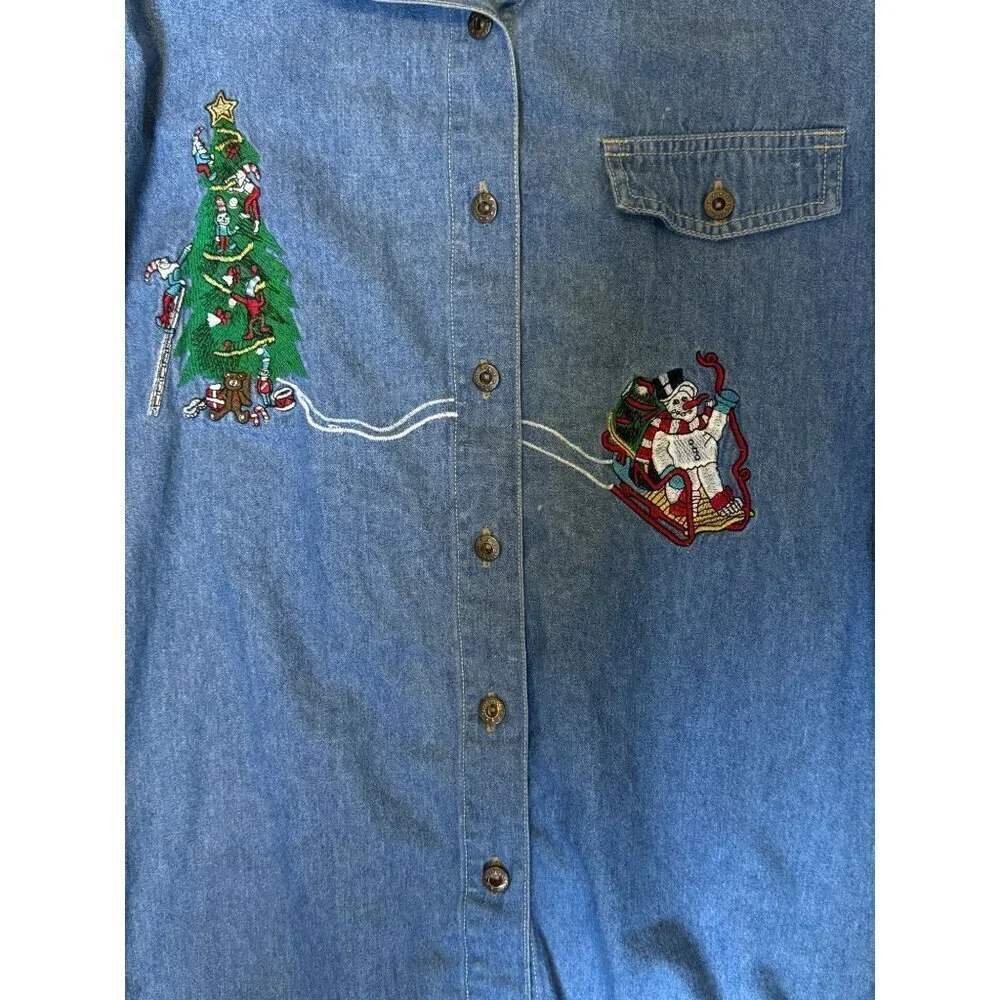 Vintage Christmas Denim Button Down Shirt Embroidered long Sleeve, Size L - Picture 5 of 10